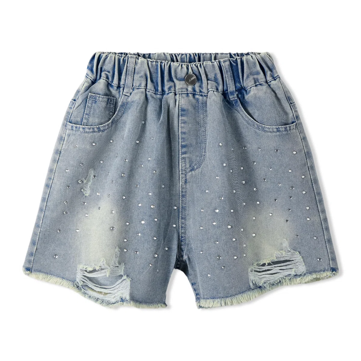 Rolanko Shorts Denim per Ragazze con Vita Elastica Estate Jeans Corti Strappati con Tasche Pantaloncini per Bambini