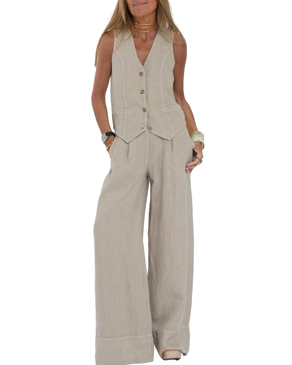 Set gilet e pantaloni da donna, in cotone e lino, con bottoni, senza maniche, blazer a gamba larga, set di pantaloni da lavoro