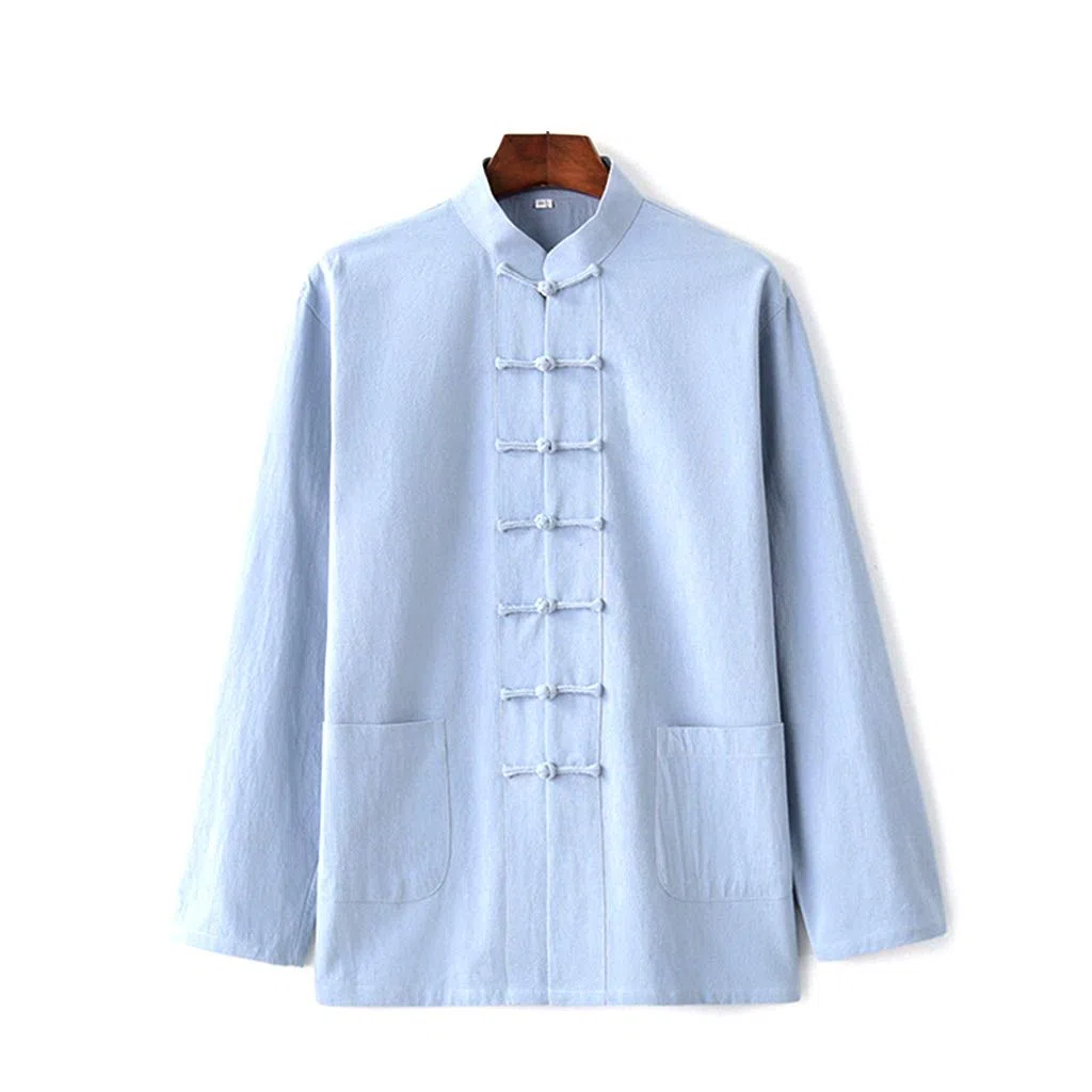 ZHOUXIAO Giacca di Arti Marziali in Lino di Cotone Uomo Kung Fu Uniformi Camicia a Maniche Lunghe, Abito a Coda Vestiti Cinesi Tradizionali, Vestiti di Tai Chiti di Blue-L