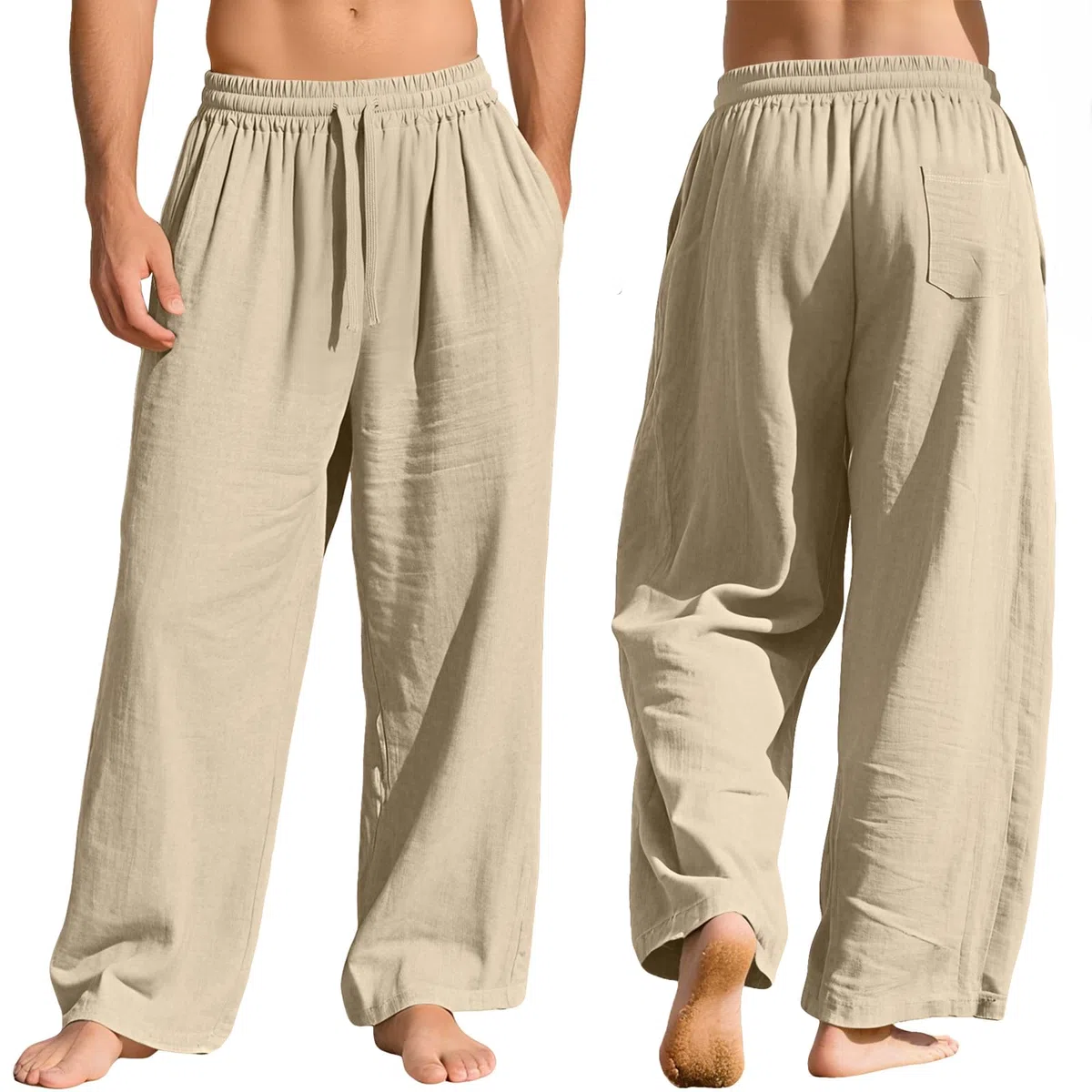 Nuofengkudu Pantaloni Cotone Lino Uomo Estivi Larghi Leggeri Traspirante 3 Tasche Elastico in Vita Coulisse Comodi Gamba Larga Yoga Pantalone Vacanza Casual Casa Spiaggia