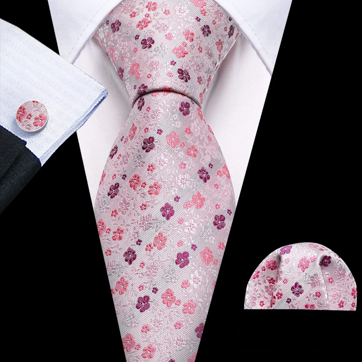 Barry.Wang Cravatta floreale con fiore spilla da uomo in seta cravatta tascabile gemelli quadrati set formale festa di nozze affari