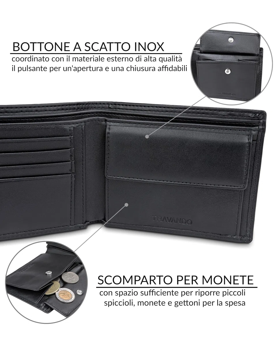 TRAVANDO Portafoglio Uomo Grande OSLO con protezione RFID Porta Carte di Credito nero con Portamonete Borsellino Portafogli in formato Verticale Porta Banconote Wallet Porta monete Regalo