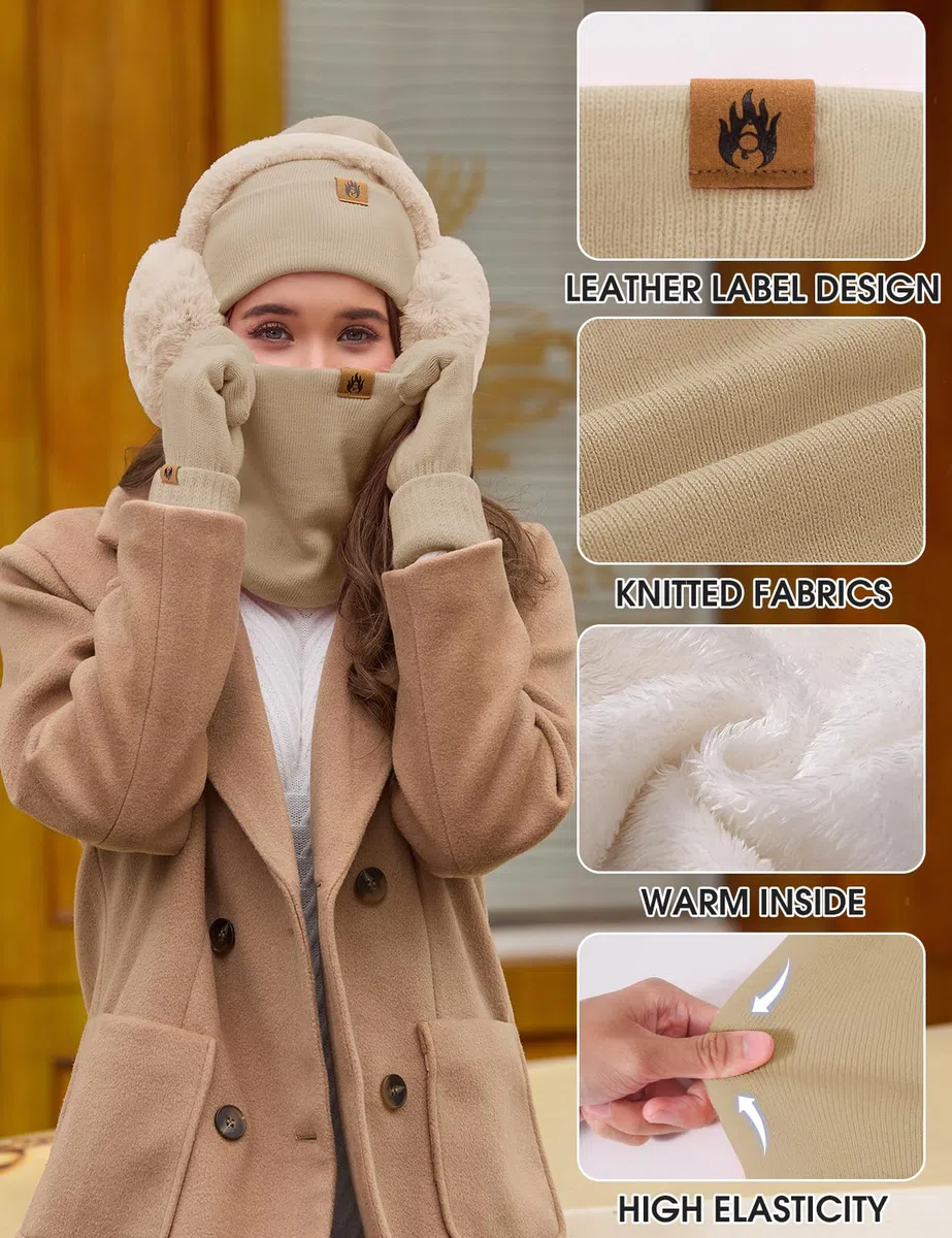 UMIPUBO Cappello e Sciarpa Donna Set Invernali Touch Screen Guanti Paraorecchie Peluche di Calze Caldo Scaldacollo Termico Berretto in Pile Beanie Hat 5 Pezzi Accessori Invernale