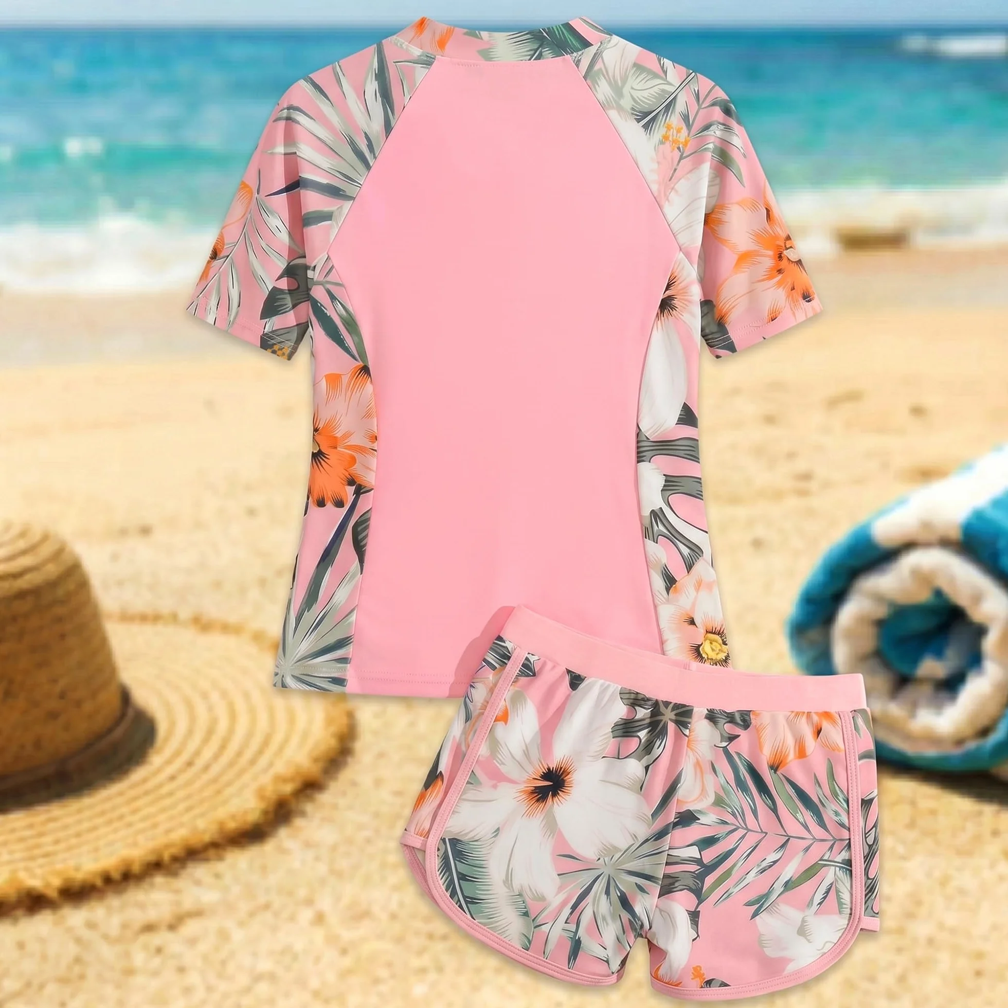 Ragazze Costume da Bagno, 2 Pezzi Stampa Floreale Maglietta a Maniche Corte con Zip + Pantaloncini da Bagno Asciugatura Rapida Costume Piscina Spiaggia Nuoto Bambina per 5-14 Anni