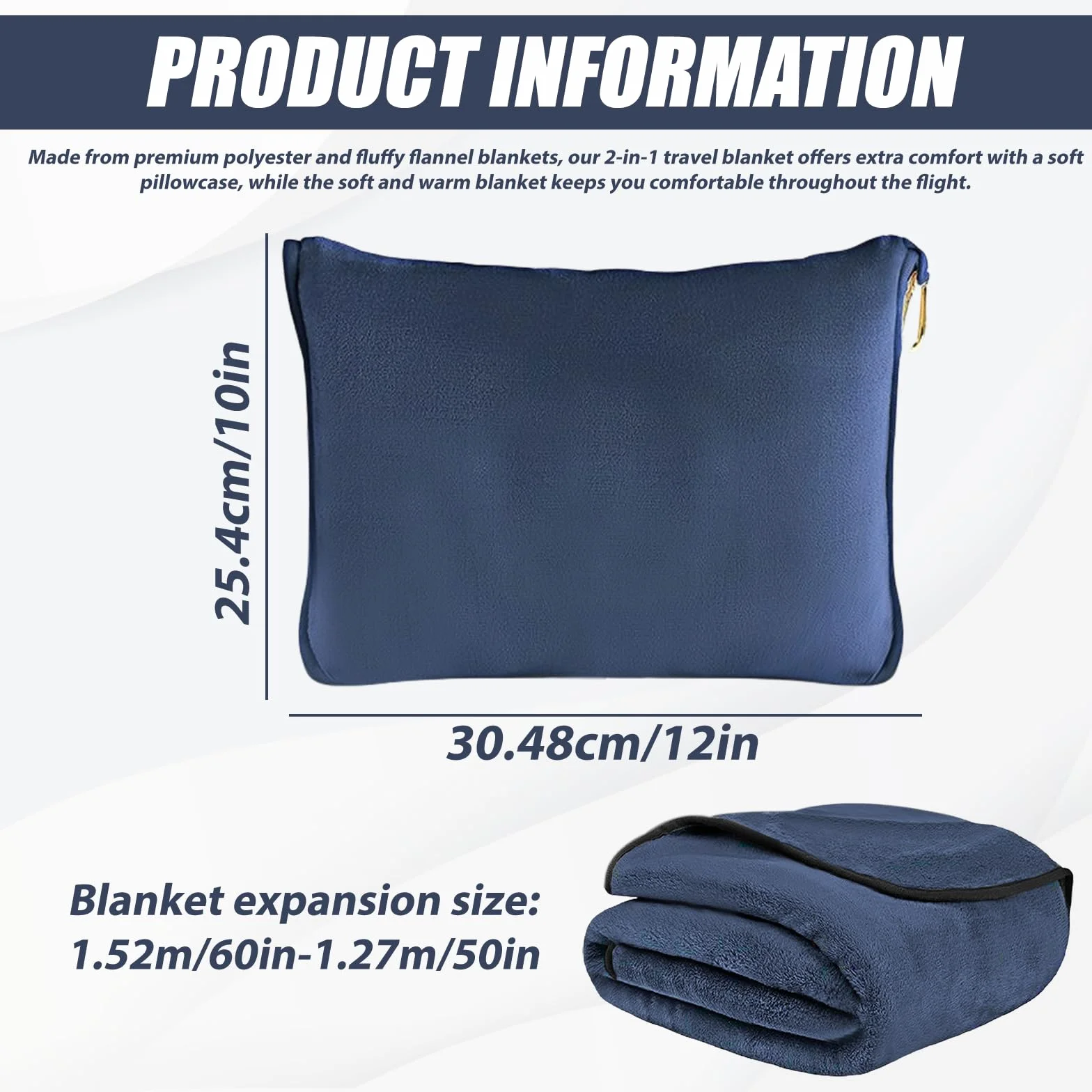 Coperta da Viaggio per Aereo, Cuscino Trasformabile 2 in 1, Coperta Portatile per Aereo con Fissaggio per Valigia, per Ufficio, Viaggi d'Affari, Viaggi, Ultraleggera e Calda - Blu Marina - 152
