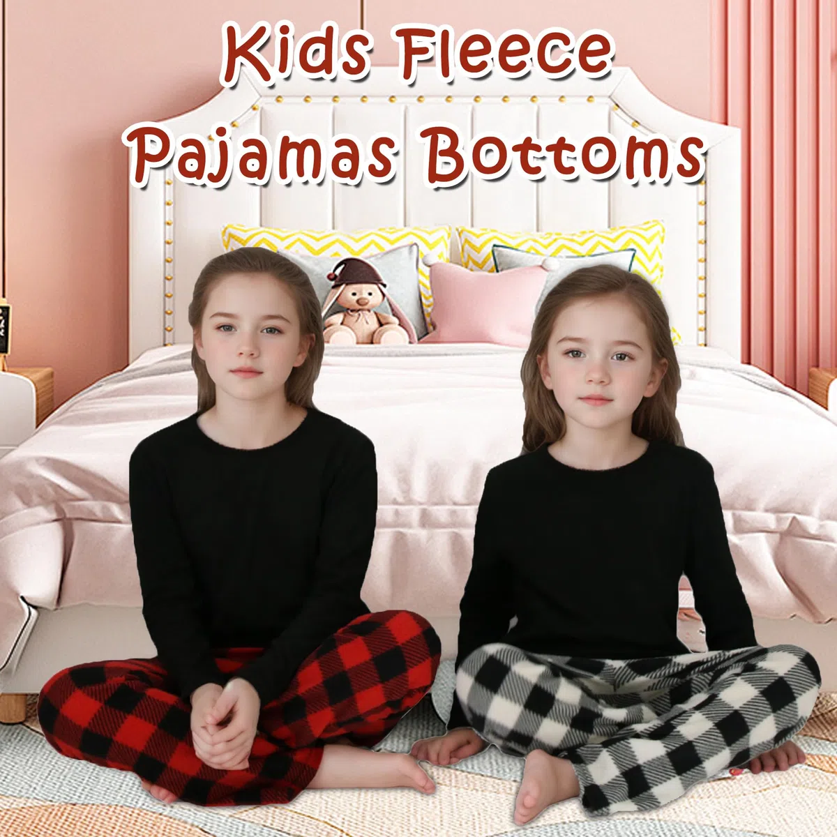 Confezione da 2 pantaloni pigiama in pile per bambine, motivo scozzese, morbidi, a quadri, con tasche, biancheria da notte