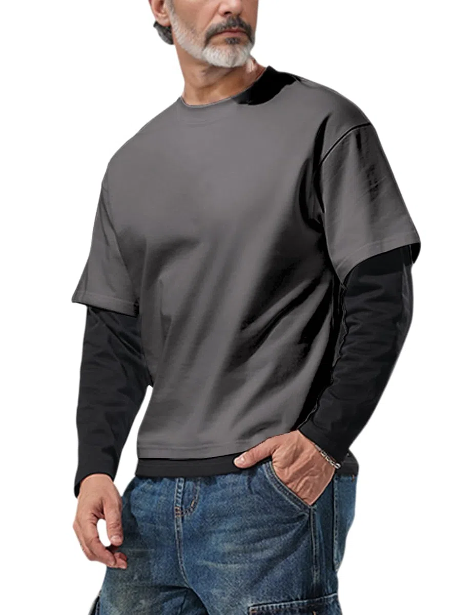 Muscle Alive Uomo Falso Completo 2 Pezzi Girocollo Camicie a Strati Tinta Unita Casual Maglione con vestibilità Ampia