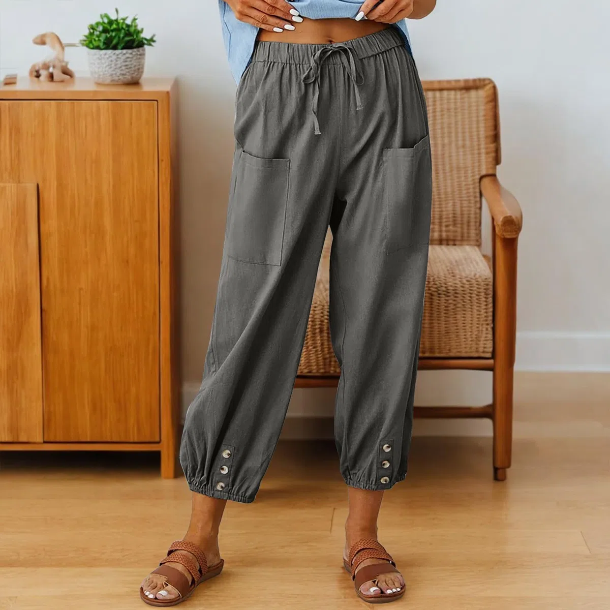 Pantaloni Donna Estivi Leggeri Cotone Pantaloni a 7/8 Gamba Larga Casual Pantaloni Cropped Harem Pants Elastici in Vita per Spiaggia Vacanze