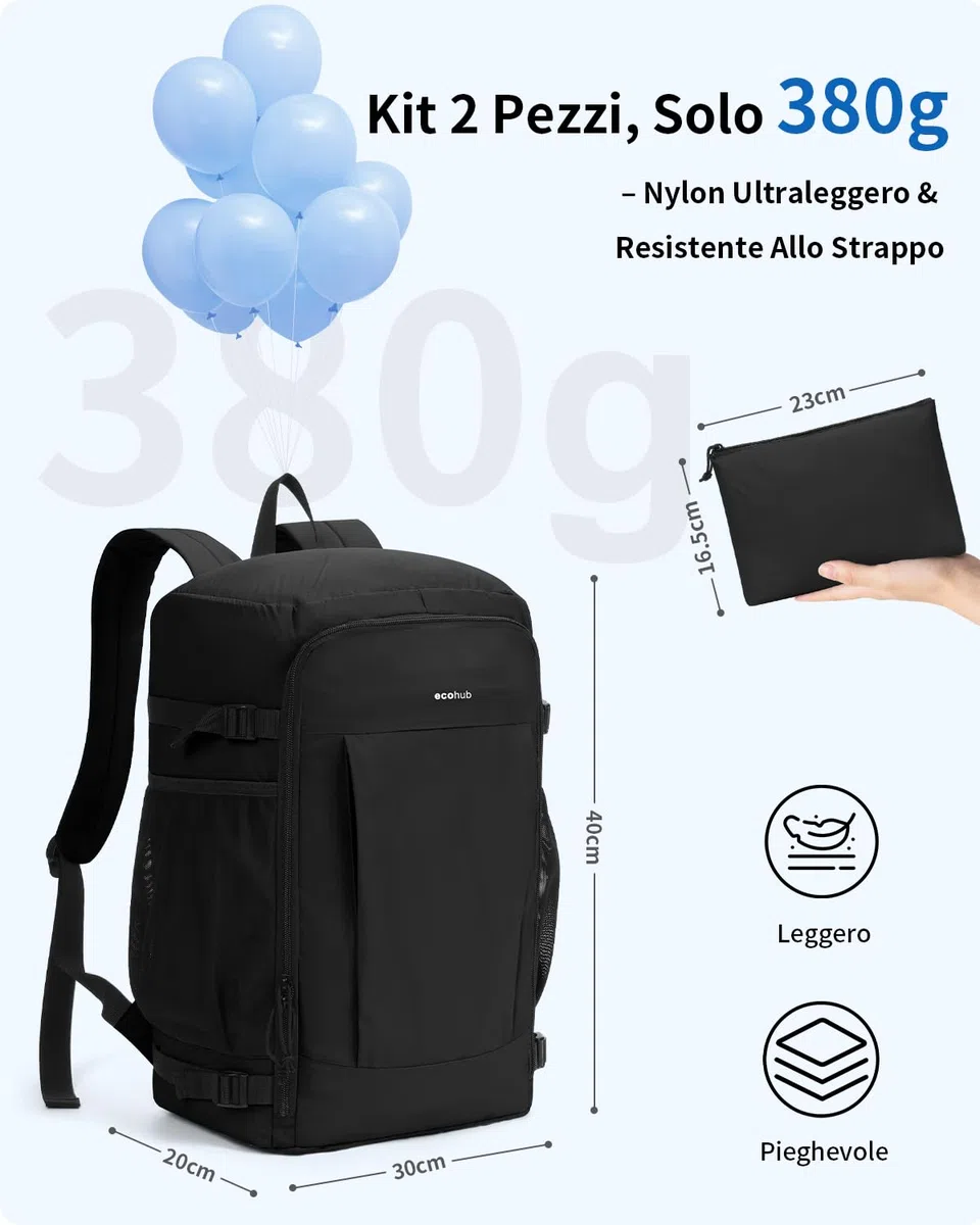 ECOHUB Zaino Ryanair 40x30x20 cm Leggero e 2 in 1, Zaino da Viaggio Pieghevole Sotto il Sedile, Bagaglio a Mano con Tasca Antifurto, Borsa da Cabina in Tessuto Riciclato per Uomo e Donna, Nero