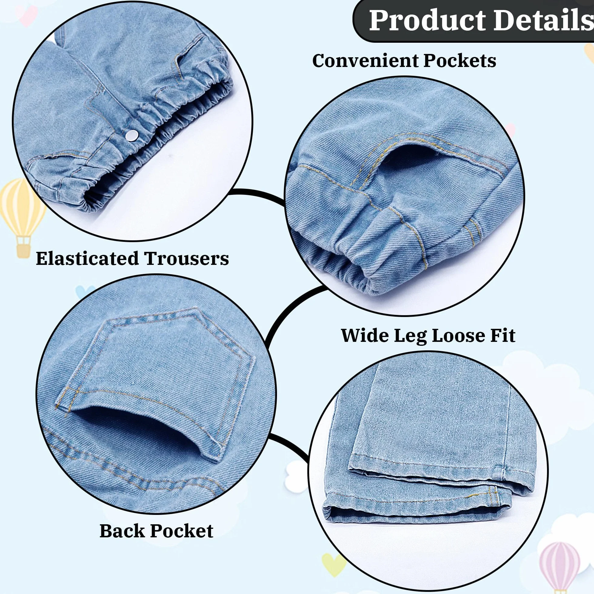 Jeans Ragazze Bambina Baggy Denim Pantaloni Gamba Larga Lunghi Jean con Vita Elastica Stretch Denim Pants con Tasche Larghi Casual Blu Pantaloni Moda Streetwear per Bambini 6-14 Anni