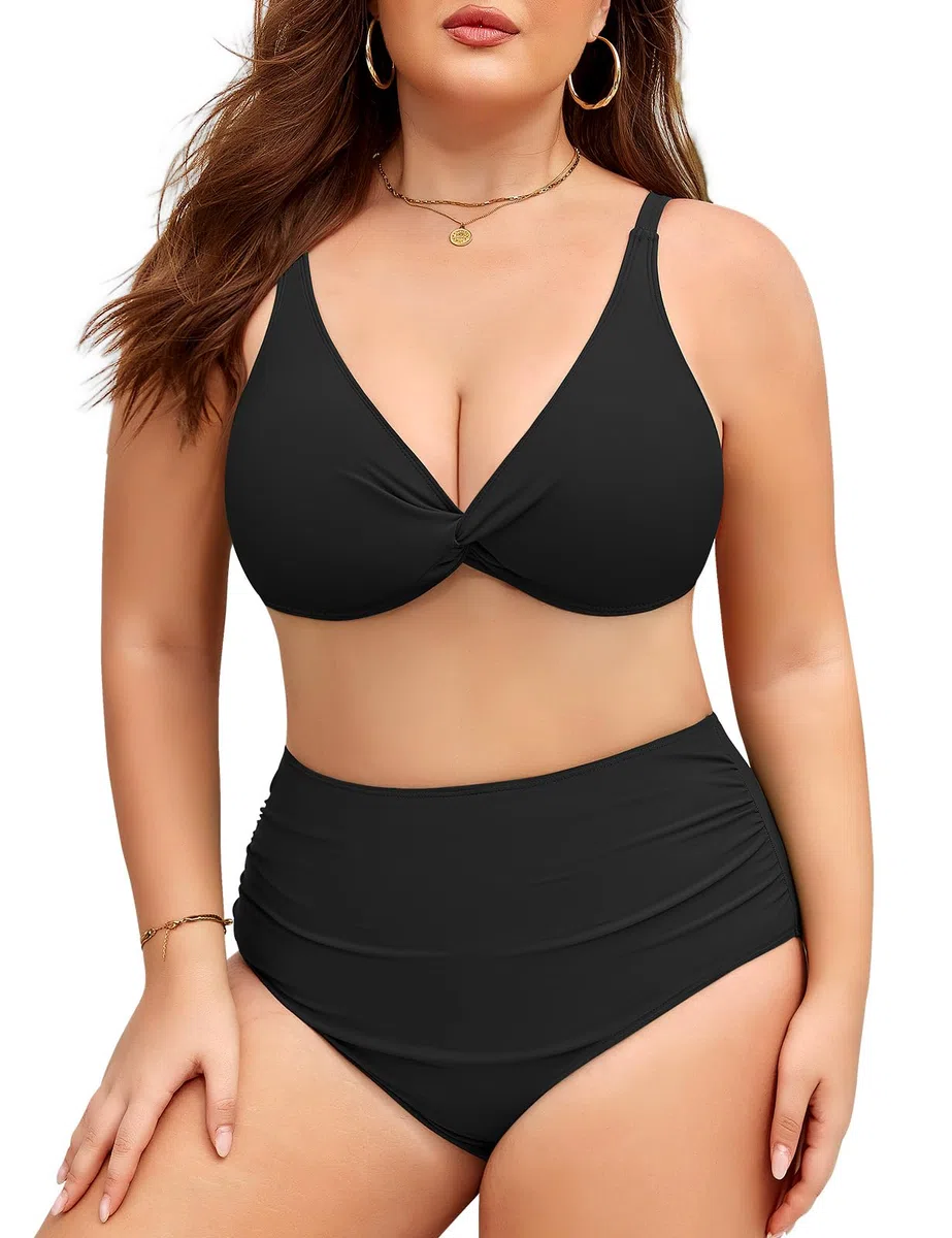 Costume Donna Due Pezzi Taglie Forti Vita Alta Costumi da Bagno Curvy Controllo Addominale Sexy Scollo a V Push Up Bikini L-4XL