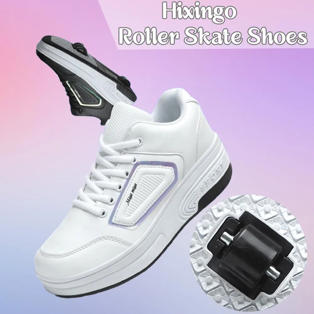 Hixingo Scarpe con Rotelle per Ragazzi Ragazze, Bambino 2 in 1 Scarpe da Skateboard Sneakers Sportive con Ruote Maglia Traspirante Scarpe Ginnastica Pattini a Rotelle Bianco, Nero