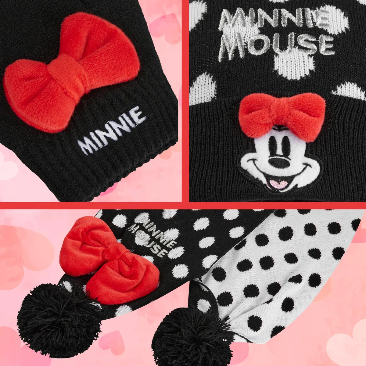 Disney Minnie Mouse Berretto, Sciarpa e Guanti Bambina, 3 Pz Maglia a Pois Accessori Invernali, Regalo Ragazza