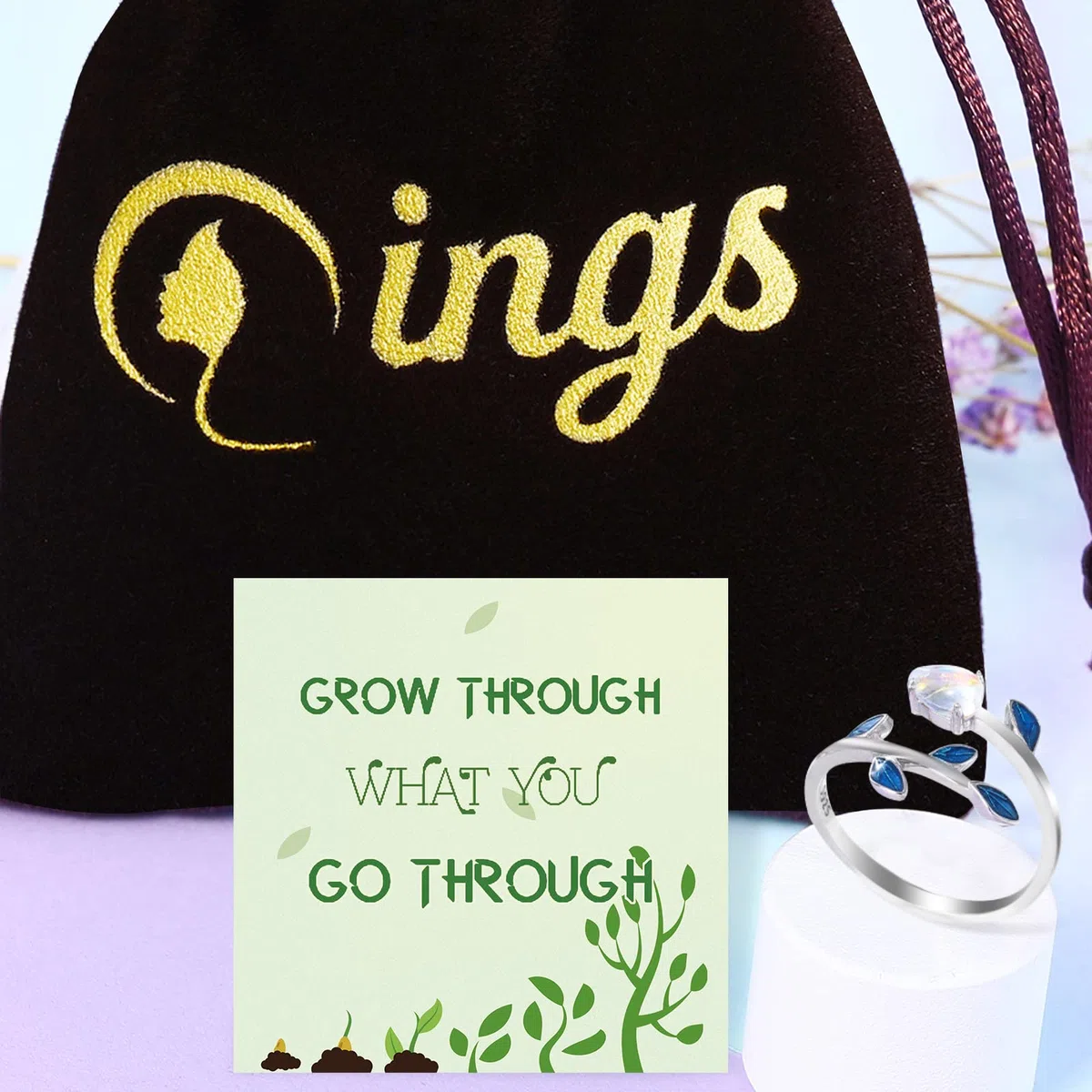 Qings Anello Pietra di Luna Argento Sterling 925 Regolabile Aperto Ovale Arcobaleno Moonstone Foglia Anelli per Donne Ragazze