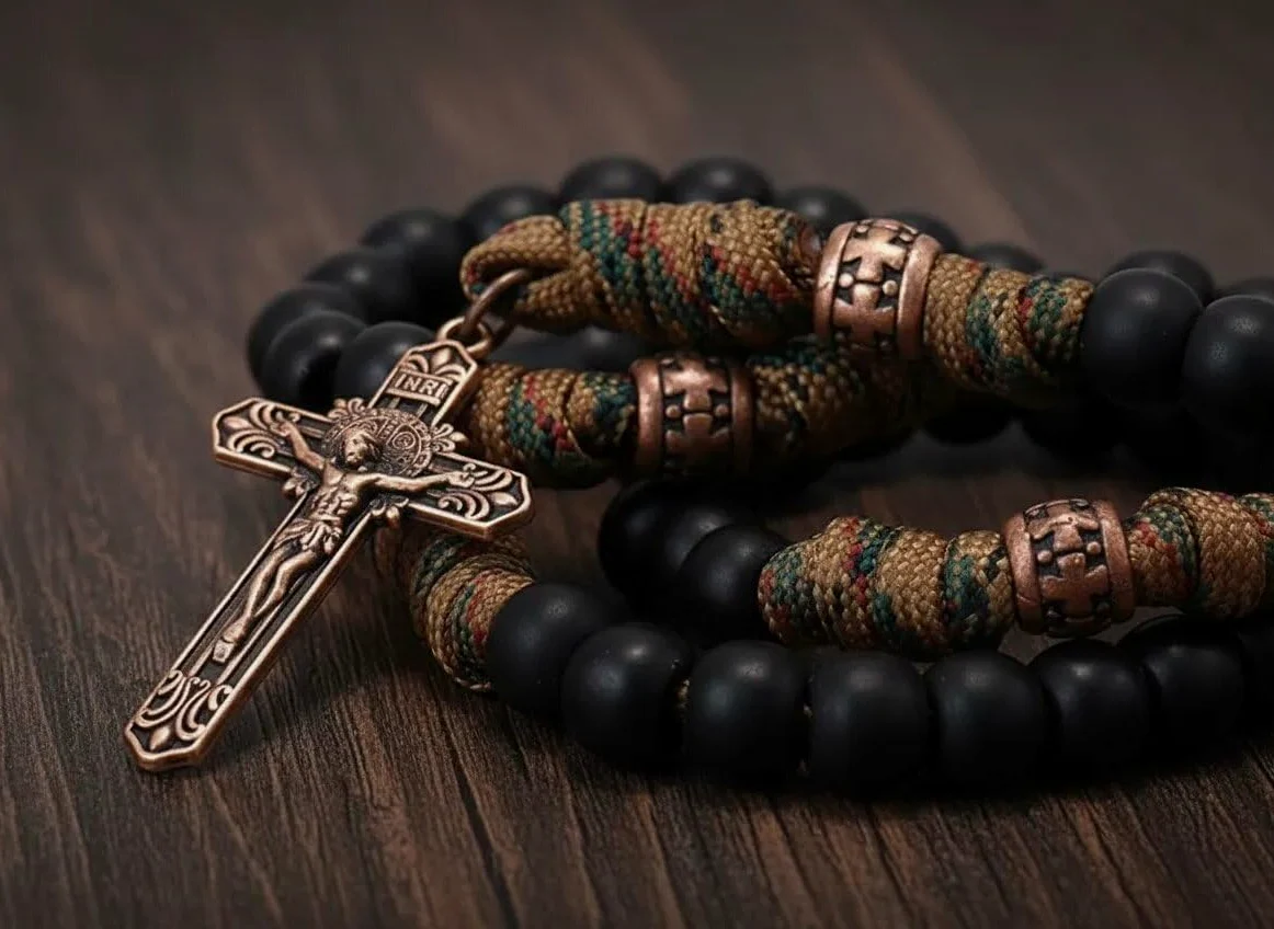 Nazareth Store Bronzo antico San Benedetto Rosario Paracord Nero opaco Perline robuste Rosario Collana con filo forte con croce INRI