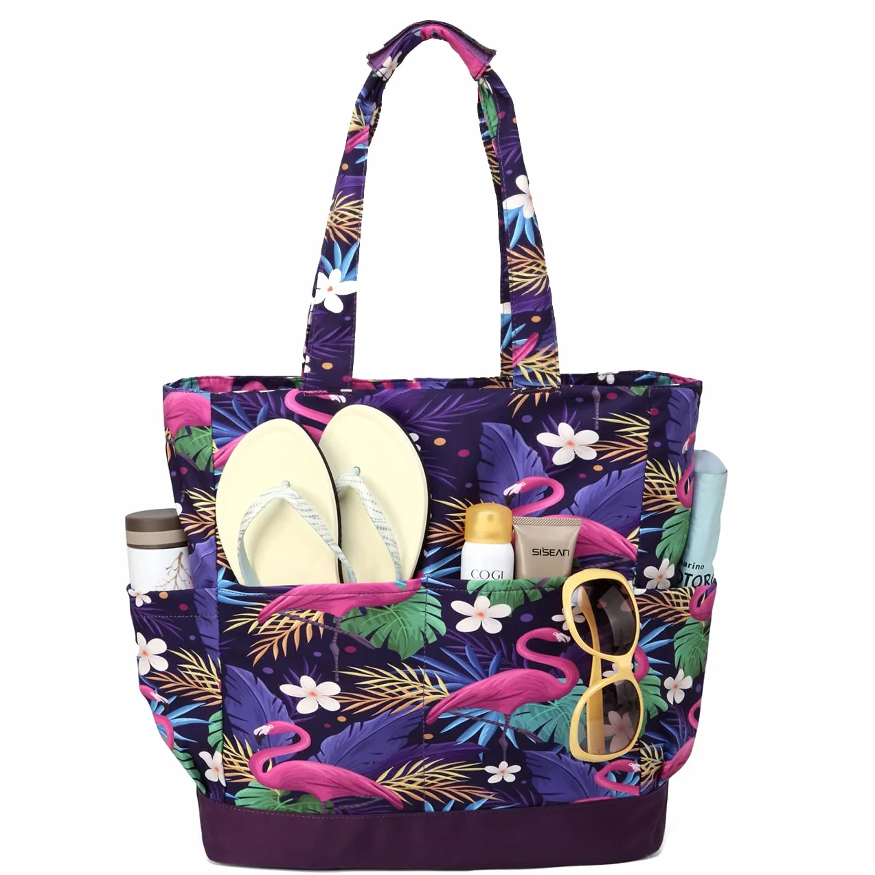 VASCHY Borsa da spiaggia, resistente all'acqua, grande borsa da donna, pieghevole, leggera, borsa a tracolla estiva con chiusura a cerniera e multi-tasche per vacanze, viaggi, spiaggia, piscina