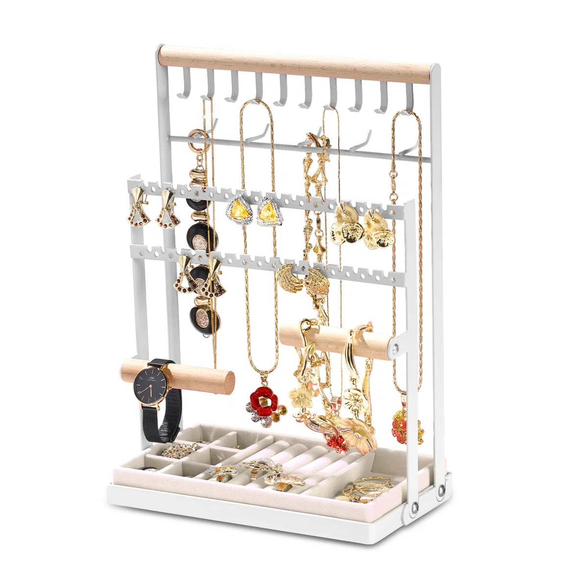 Espositore Gioielli Supporto Per Gioielli, Portagioie, Porta Collane e Orecchini, con 15 ganci Torre di esposizione di gioielli Rack di stoccaggio ad albero, per Bracciali Orecchini Anelli, Bianco