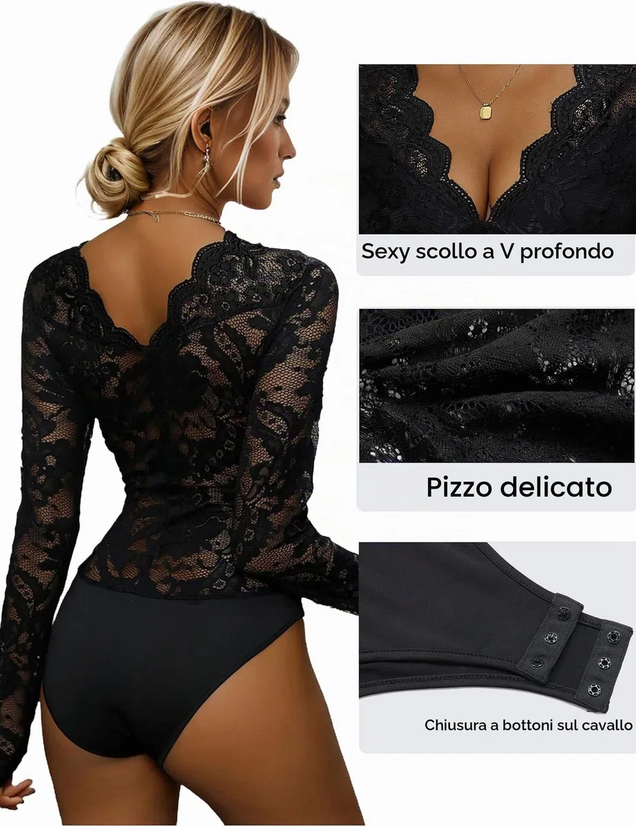 Everbellus Body Sexy in Pizzo da Donna, Body a Maniche Lunghe con Scollo a V Profondo, Bodysuit Top da Indossare in Discoteca per Appuntamenti