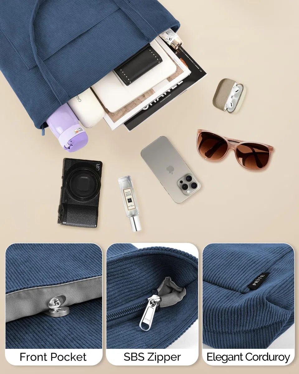 Prite Borsa tote in velluto a coste da donna con cerniera, grande capacità, borsa a tracolla con tracolla regolabile e tasche, borsa impermeabile per lavoro, scuola, shopping, viaggi, università