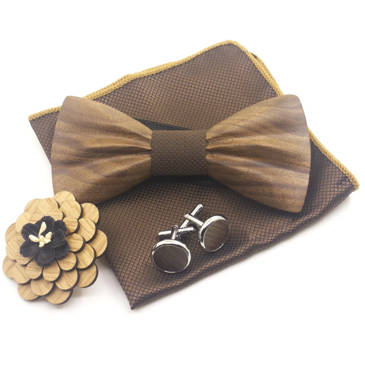 Papillon Legno Uomo Fazzoletto Gemelli Set Papillon da Matrimonio Business Festa Lavoro Laurea