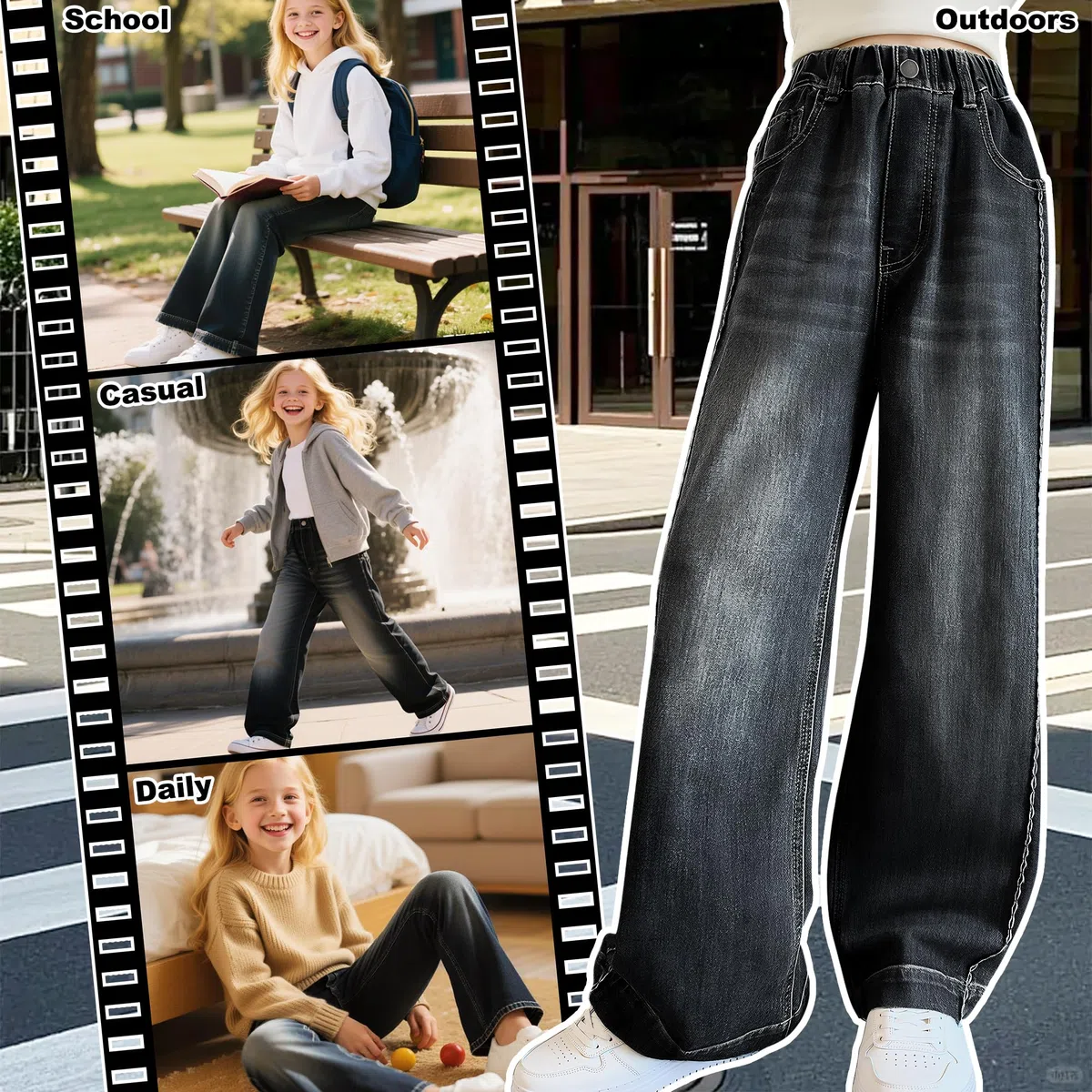 Jeans Larghi per Ragazze, Baggy Comodo Denim Pantaloni con Vita Alta Elastica Morbido Casual Moda Loose Fit Pants con Tasche Streetwear Vestiti per Ragazza 7-14 Anni, Blu Scuro