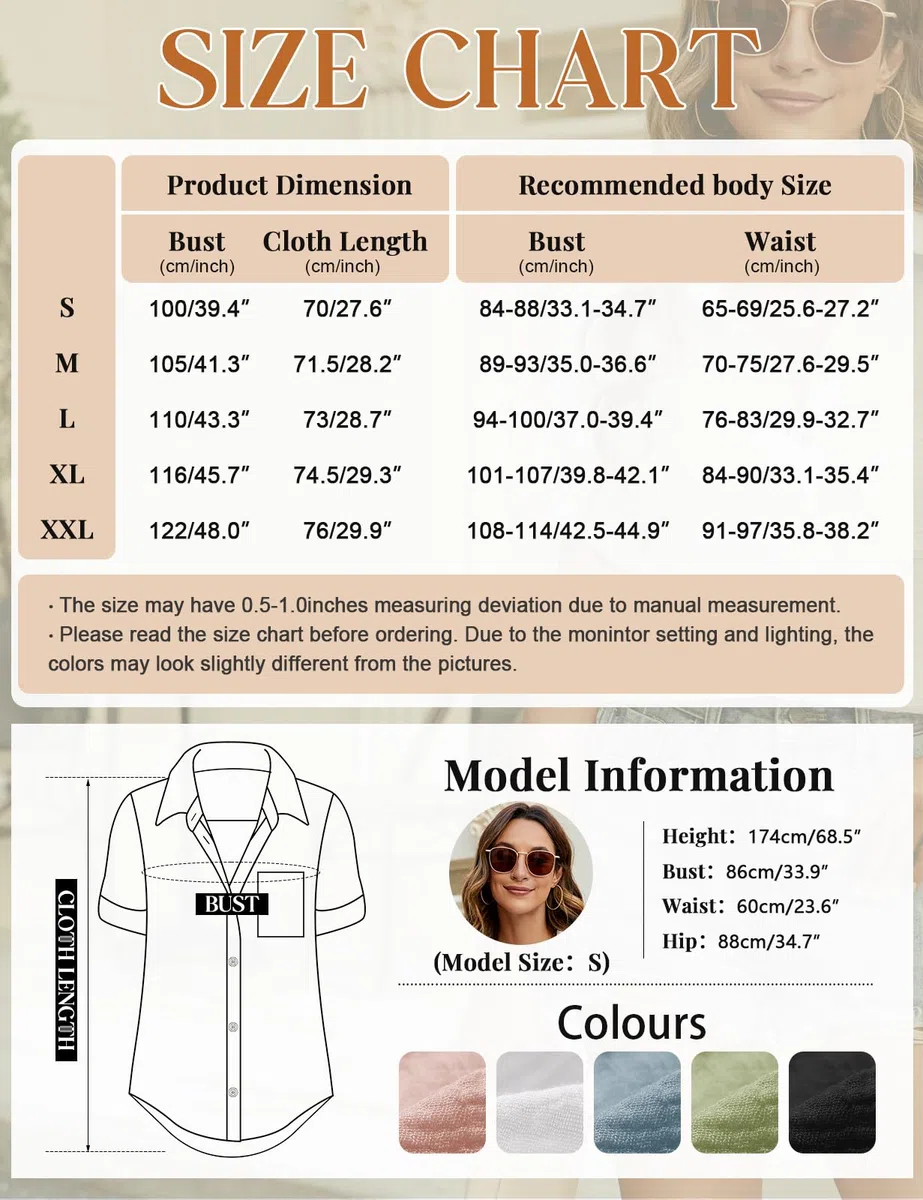 Camicia Donna Estiva Camicetta Manica Corta da Donna Casual Cotone Elegante Blusa con Scollo a V Maglietta con Bottoni Moda Tinta Unita Tunica Classico Top T Shirt