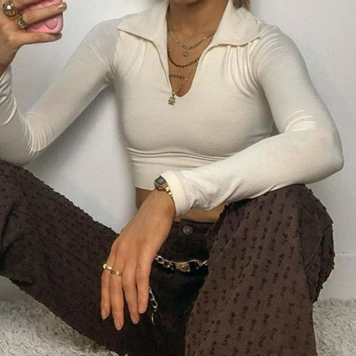 Maglietta da donna con risvolto all'ombelico a vista semplice sexy a maniche lunghe tinta unita slim fit t-shirt Streetwear primavera autunno crop top bianco, L