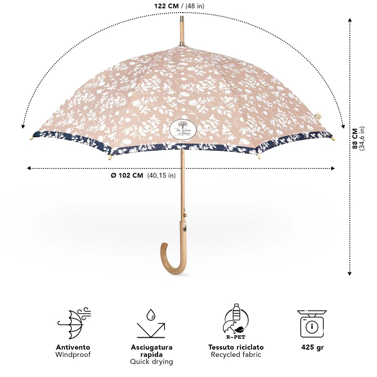 PERLETTI GREEN Ombrello Pioggia Ecosostenibile Tessuto Riciclato Donna Automatico - Manico in Legno Biodegradabile - Ombrello Classico Antivento Ecologico - Diametro 102 cm