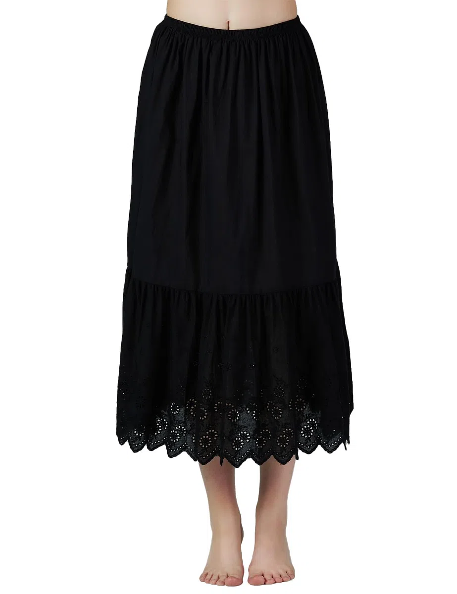 BEAUTELICATE Donna Sottogonna Cotone Sottoveste Mezza per Gonna Vintage Corto con Pizzo Bordo Nero Avorio 55cm