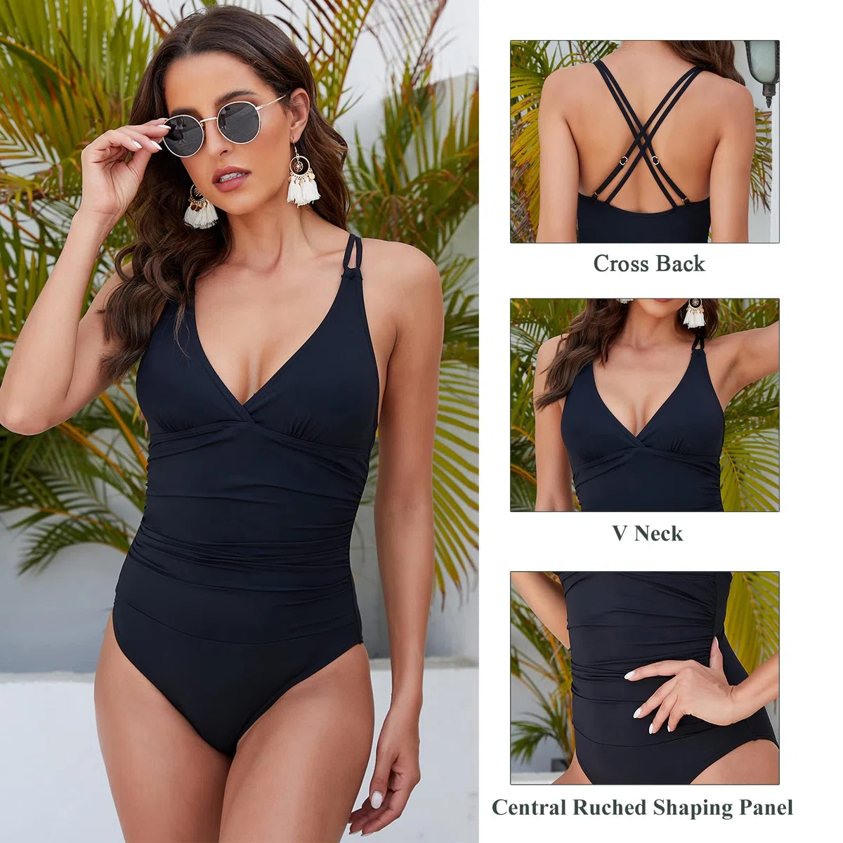 Costume Intero Donna Scollo a V Curvy Costumi da Bagno Contenitivo Croce Indietro Intero Modellante Un Pezzo Monokini Mare Piscina Spiaggia Imbottito Costumi Interi Elegante