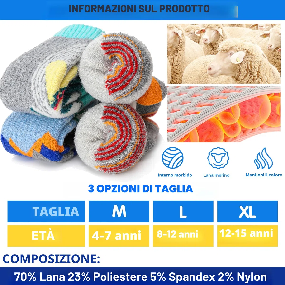 ANTSANG Calze Termiche Bambini Lana Merino per Sci Ragazzi Ragazze Inverno Calde Spesse Alte al Ginocchio per Sciare Snowboard 3 Paia