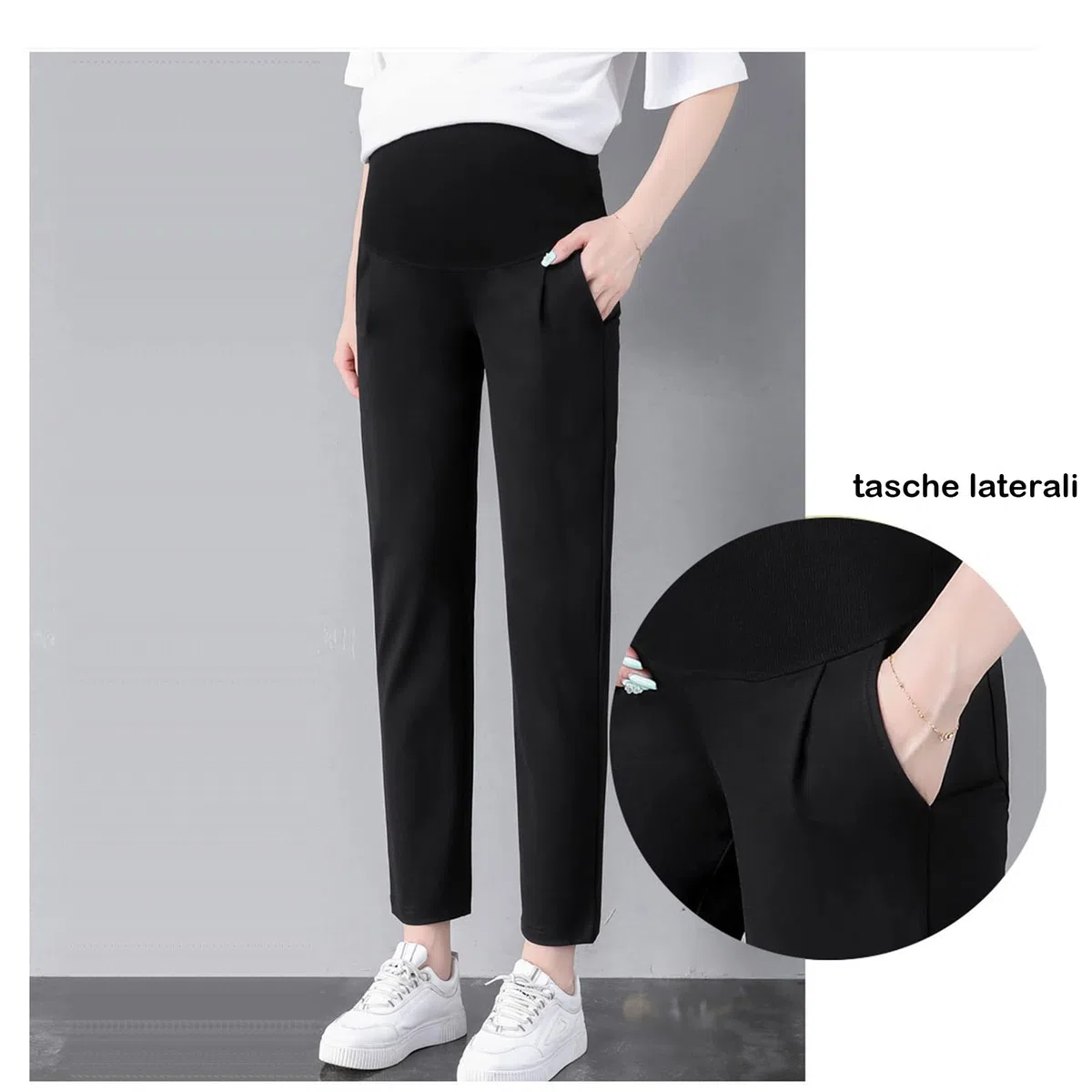 Pantaloni Premaman da Donna Pantaloni Corti a Gamba Dritta Tasche Regolabili in Vita Super Confortevoli