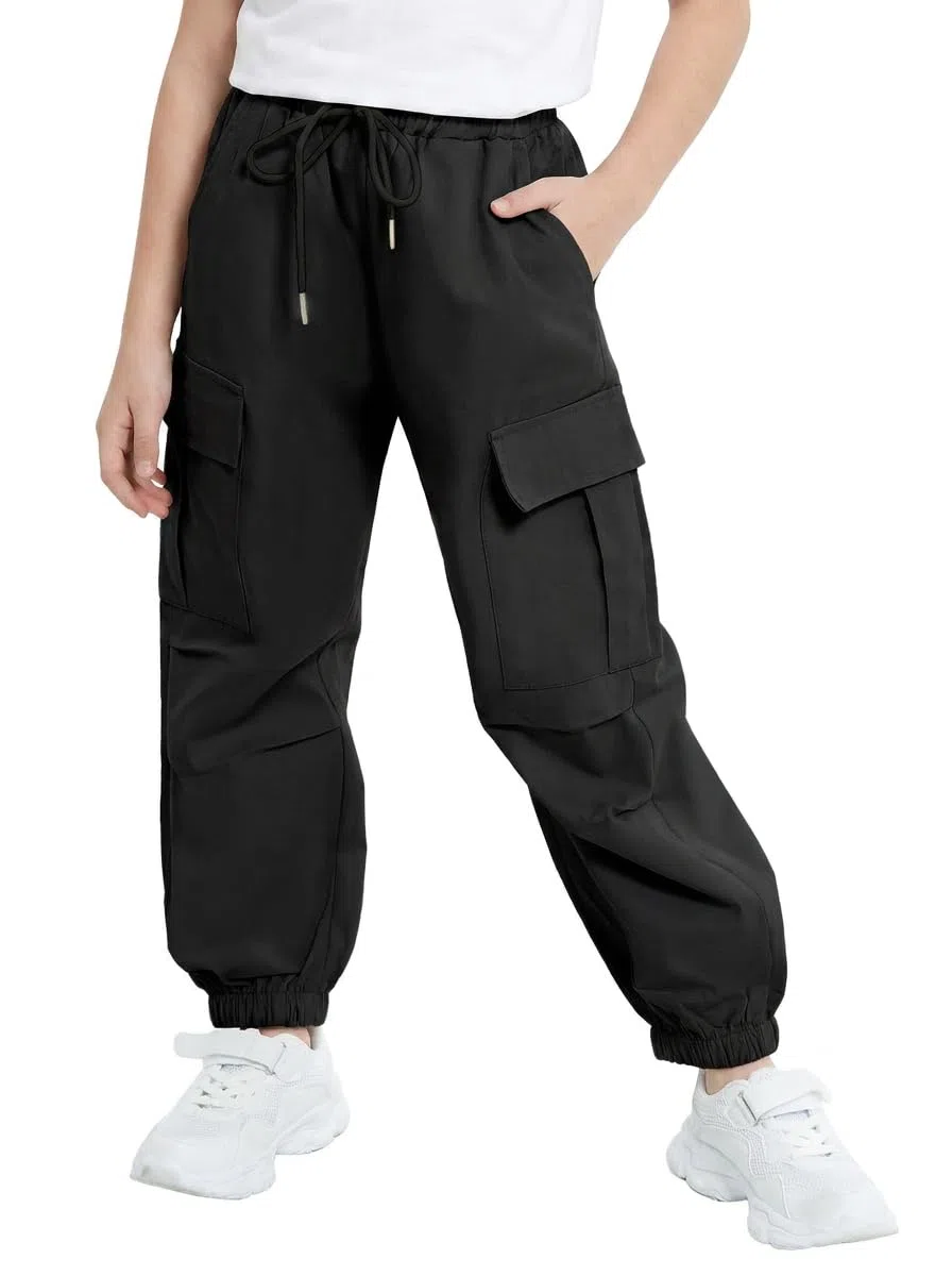 JiAmy Pantaloni cargo da ragazza, in cotone elastico in vita, casual, larghi, pantaloni da paracadute, Y2k, multi tasche, per danza, jogging, per 5-14 anni