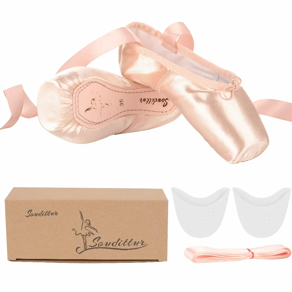 Soudittur Scarpette da Danza Classica Punte Pointe Balletto Scarpe da Ballo Comprende Scarpette salvapunte e Nastri per Donna e Ragazza(Si Prega di Selezionare Size One più Grande)