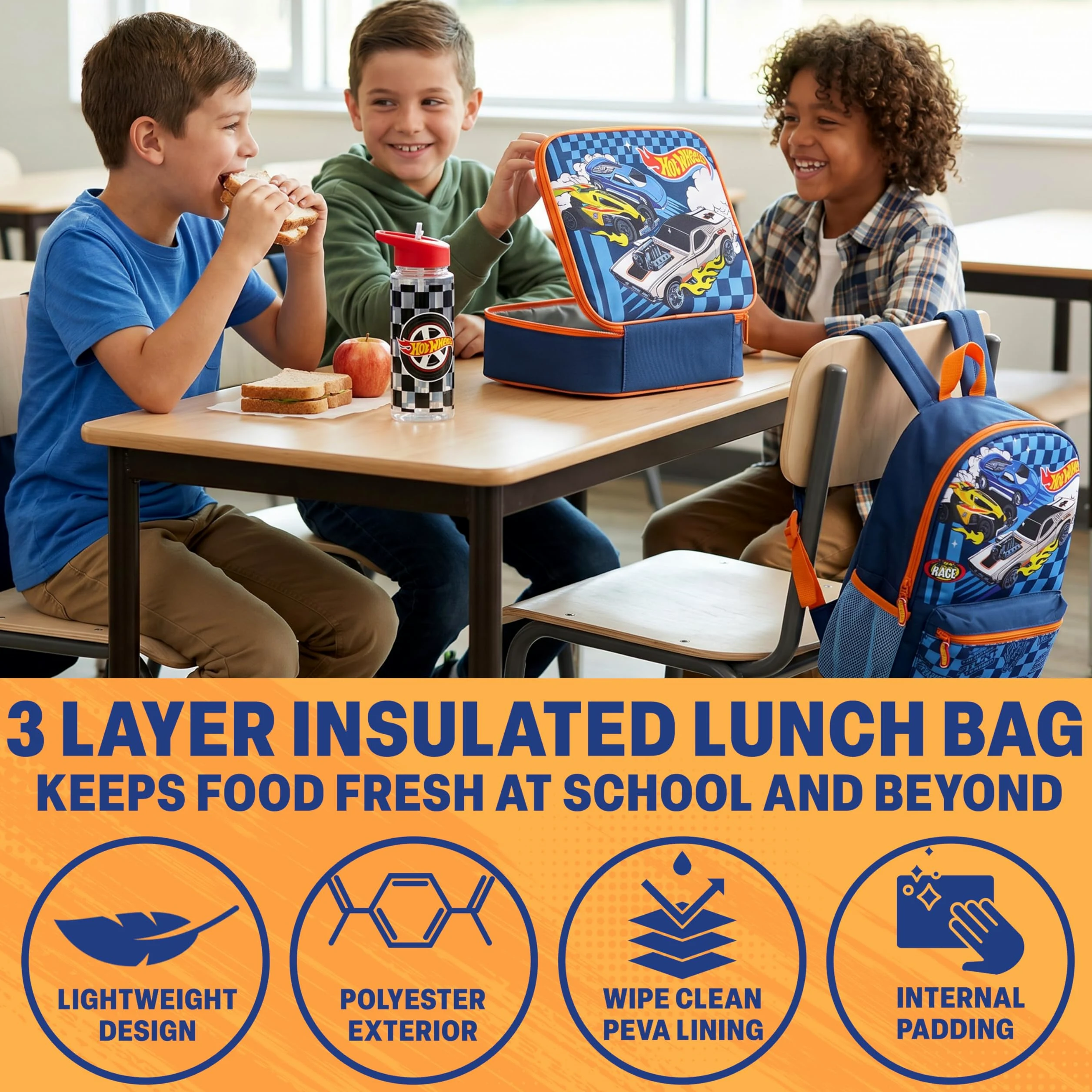 Get Trend Hot Wheels 4 Pezzi Zaino Ragazzo Set per Scuola con Borsa Termica Porta Pranzo, Borraccia 500 ml Senza BPA e Astuccio (Multi Hot Wheels)