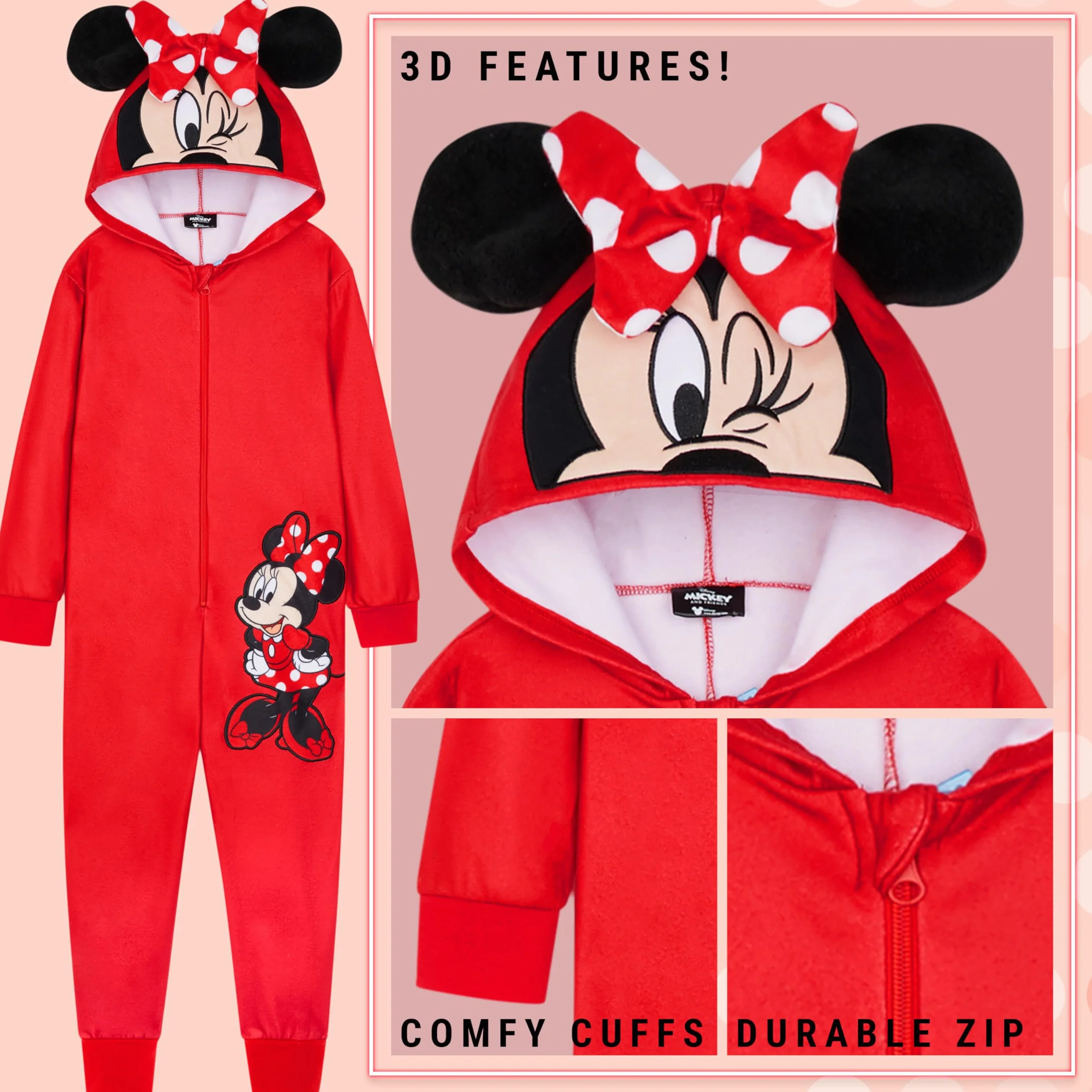 Disney Pigiama Stitch Bambina Intero - Pigiamone Stitch in Pile con Zip 2-14 Anni - Pigiami Interi con Cappuccio per Ragazza (Rosso Minnie, 4-5 Anni)