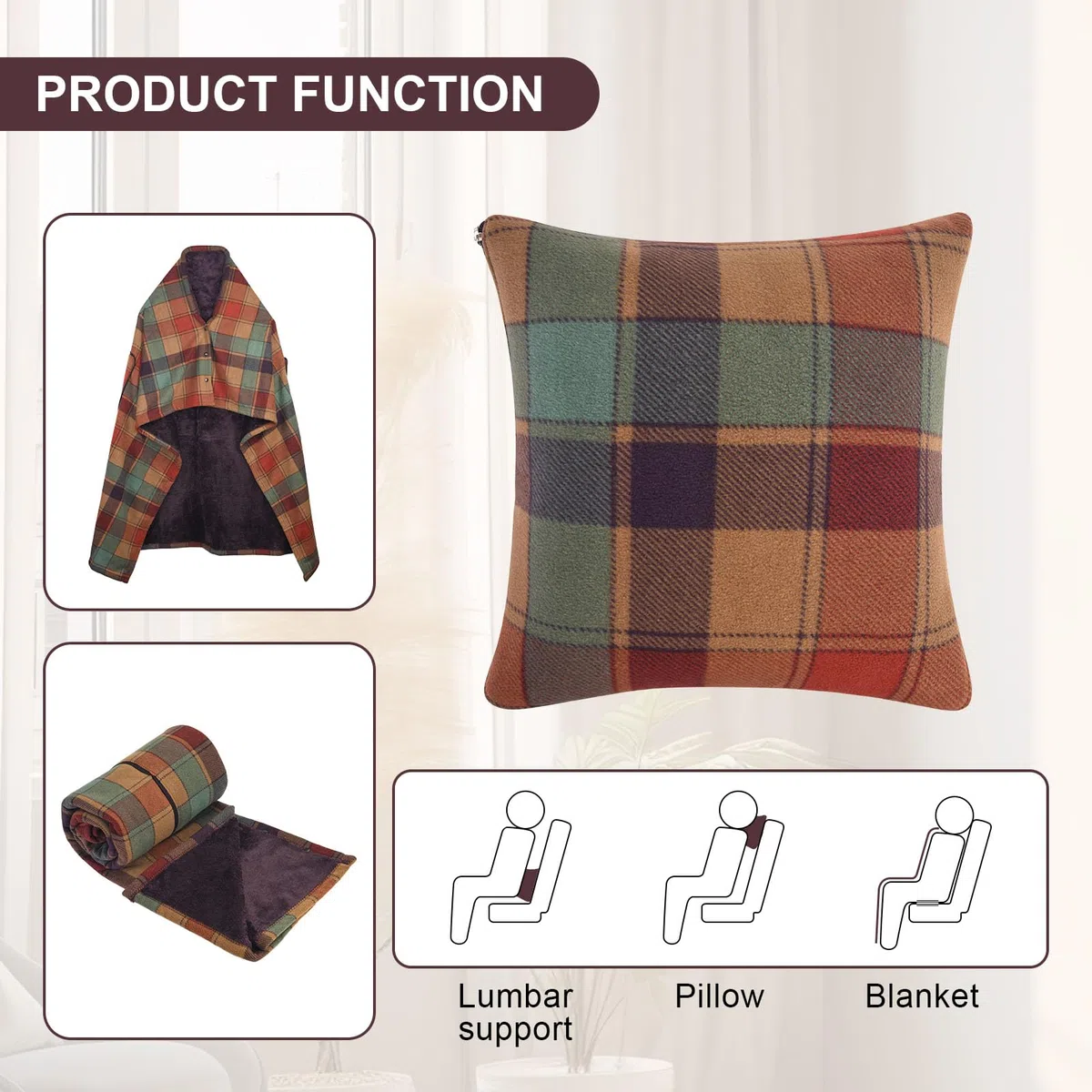 Coperta portatile, cuscino compatto 2 in 1, coperta da donna in pile con bottone, copriletto a quadri, cuscino per letto, divano, ufficio