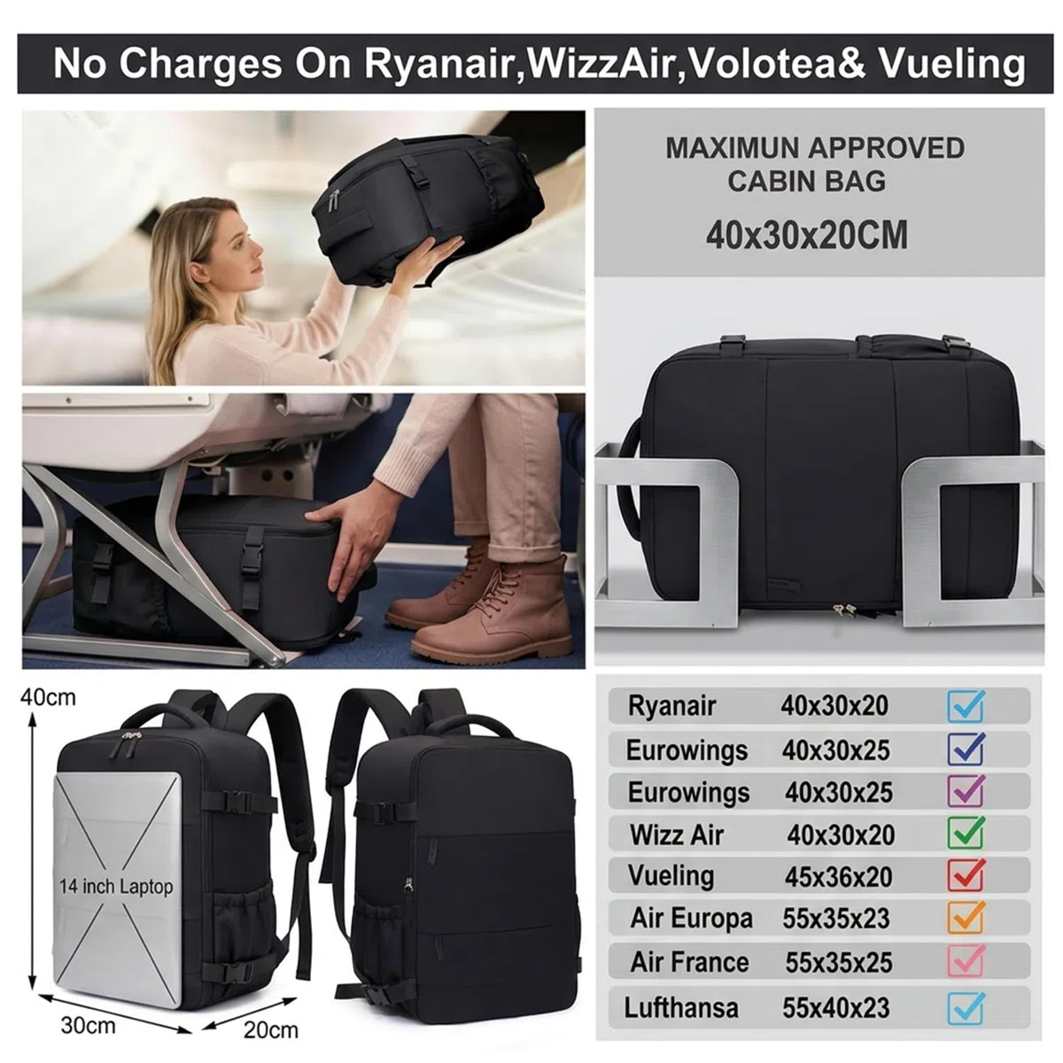 Zaino Ryanair 40x30x20, Rosa 24L Bagaglio a Mano Aereo Zaino da Viaggio per Donna Uomo, Zaini Casual per laptop da 15 pollici Travel Bag Compatto Leggero per Wizz Air, Easyjet