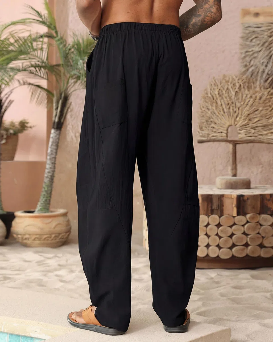 Pantaloni Uomo Lino Pantalone da Spiaggia Hippy Harem Pantaloni Elastico Cotone Estivi Lunghi Pantalone