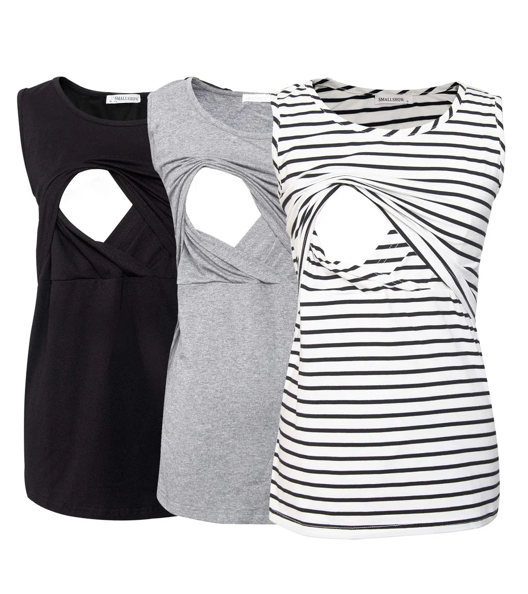 Smallshow Canottiere per Donna maternità Infermieristica Senza Maniche Top Canotta Allattamento in 3 Pezzi Black-Light Grey-White Stripe M