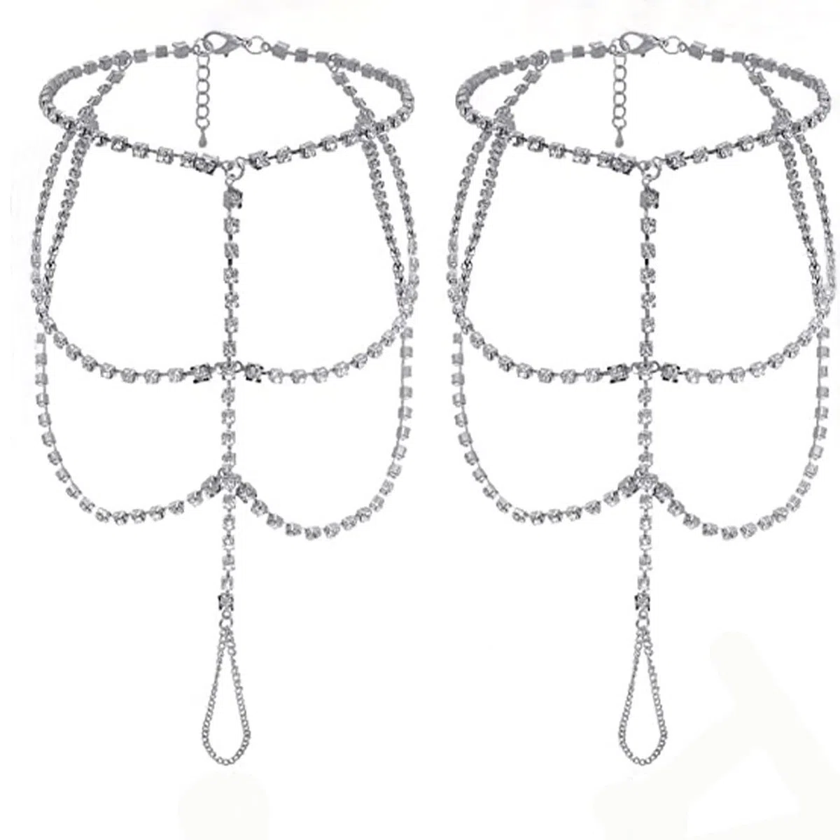 1 paio di cavigliere estive da spiaggia con strass a piedi nudi con anello per dita dei piedi con anello in cristallo bohémien, cavigliera da sposa con strass, gioielli per donne
