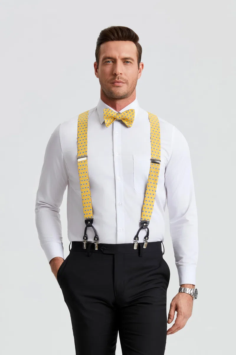 HISDERN Paisley Bretelle per uomo con molto forte 6 clip Bretelle Heavy Duty Bretelle regolabili in stile Y Papillon e fazzoletto da taschino Set