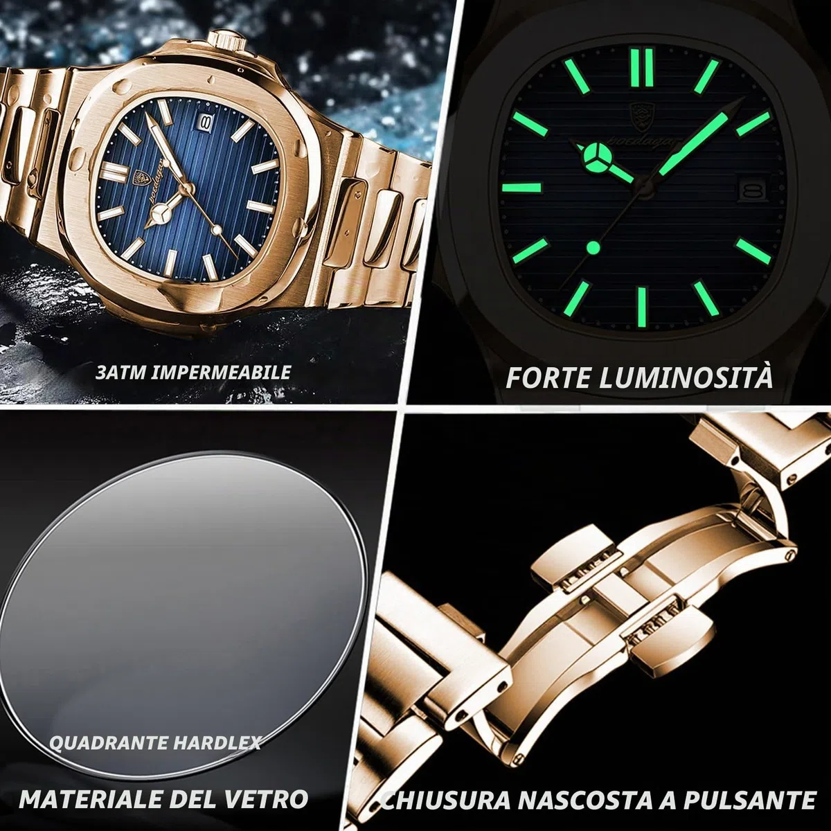 Poedagar Orologio da polso da uomo alla moda, cinturino in acciaio inox, al quarzo, impermeabile, luminoso, con data, quadrato, da uomo