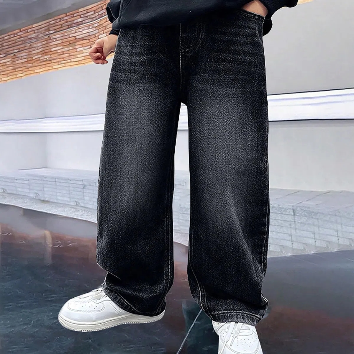 Bambini Jeans Baggy Larghi Ragazzo Denim Pantaloni con Vita Elastica Larga Bambino Jeans con Tasche Lunghi Bimba Denim Pantaloni Eleganti Wide Leg Vintage Stretch 5-13 Anni