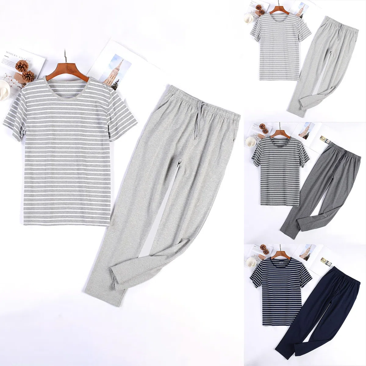 Pigiama da uomo in cotone, a maniche corte e pantaloni lunghi, biancheria da notte in due pezzi, morbido, per la primavera e l'autunno, pigiama homewear in due pezzi