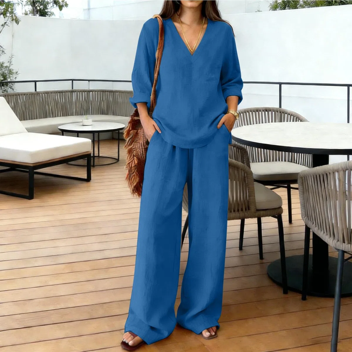 Generico Completo da Donna Lino 2 Pezzi Elegante con Manica Lunghe Camicia Pantaloni Lino Set Completo Donna Top e Pantaloni a Tinta Unita con Scollo a V Estivo Elegante Cerimonia Camicia Vacanze