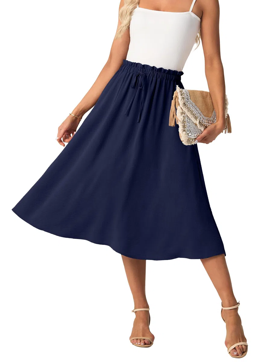 GRECERELLE Gonna midi estiva da donna, stile boho, fluida, casual, a vita alta, a palazzo, con tasche e cintura regolabile