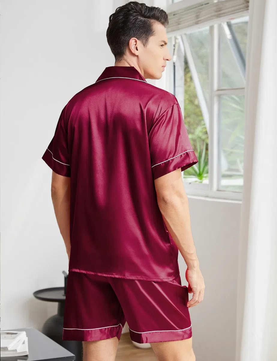 Pigiami Due Pezzi da Uomo Pigiama Raso con Bottoni Set Pigiama Top a Maniche Corte con Tasche e Pantaloncini Pigiama Uomo Corto Estivo Classic