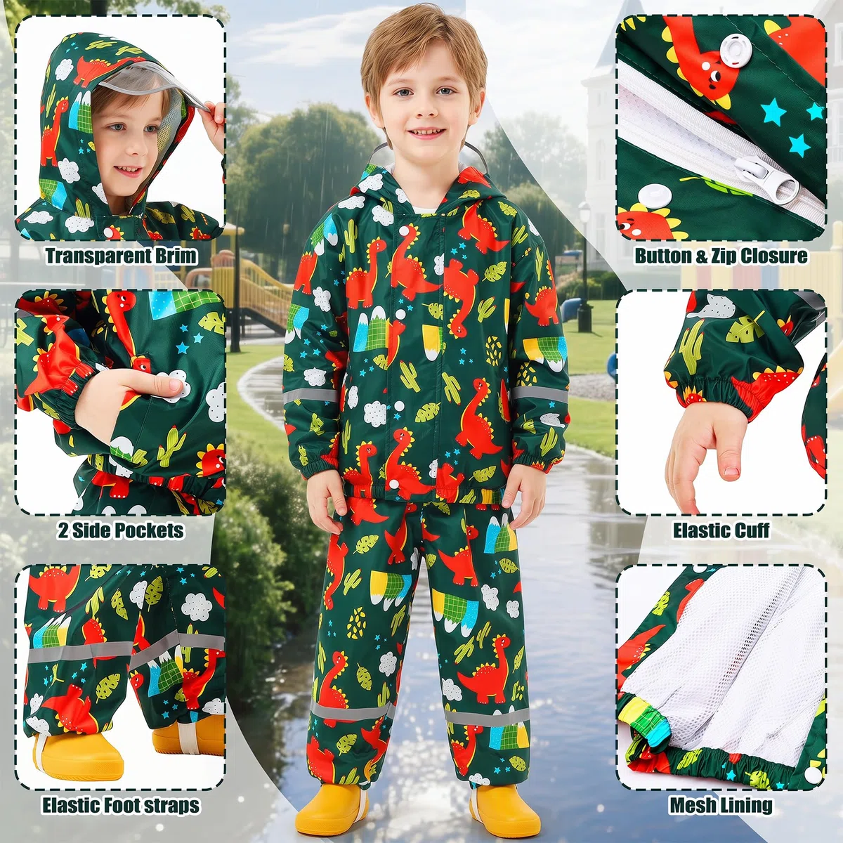 Tuta Impermeabile Ragazze, Leggero Antipioggia Giacca & Pantaloni Impermeabili con Riflettenti 2 Pezzi Set, Bambini Fodera in Rete Pioggia Completo Abbigliamento per Bambina 1-7 anni