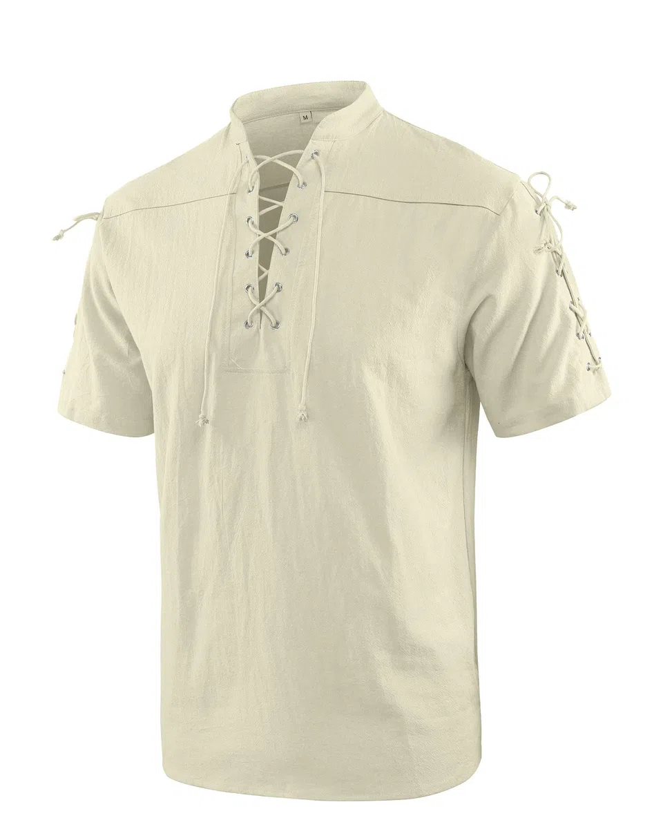 YAOBAOLE Camicia Medievale Uomo in Cotone Lino a Manica Corta – Camicia con Lacci e Collo Coreano, Stile Pirata Vintage per Larp, Festival e Tempo Libero